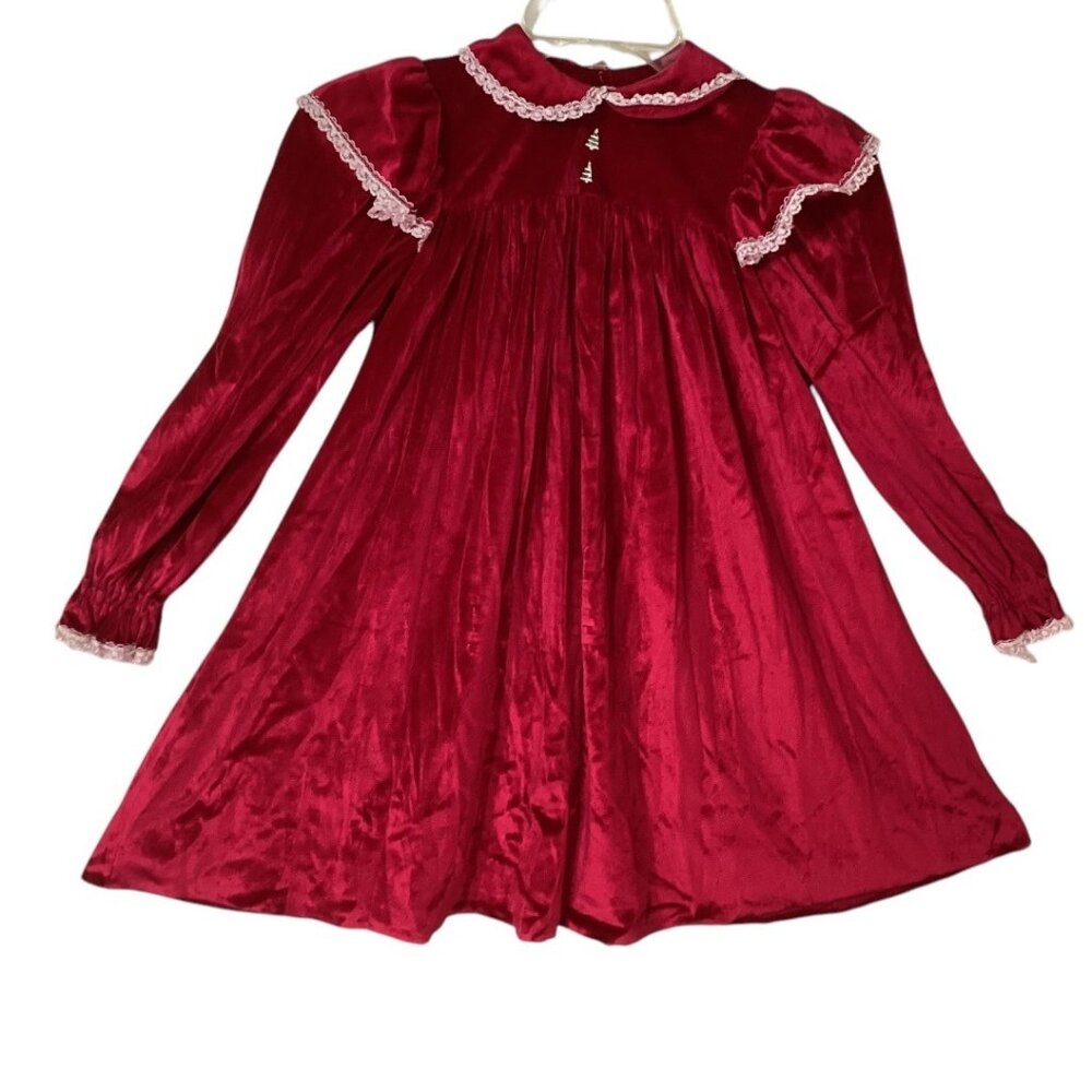 Vintage Red Velvet Christmas Dress With Lace Trim &‎ Tree Buttons - Size 4 T